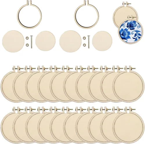 Vista 10 de Framendino, Paquete de 10 mini aros de madera para bordar círculos redondos de punto de cruz para bricolaje, llavero, marco