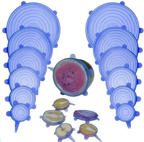 Vista 2 de Tapas elásticas de silicona flexibles redondas reutilizables para tazón, taza, plato, envoltura de alimentos de silicona de grado alimenticio, 6 Azul