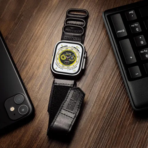 Vista 2 de Compatible with Apple Watch Band,Rugged Replacement Leather Nylon Strap With Three Buckle Loop Design For iWatch Ultra 3/2/1, Series