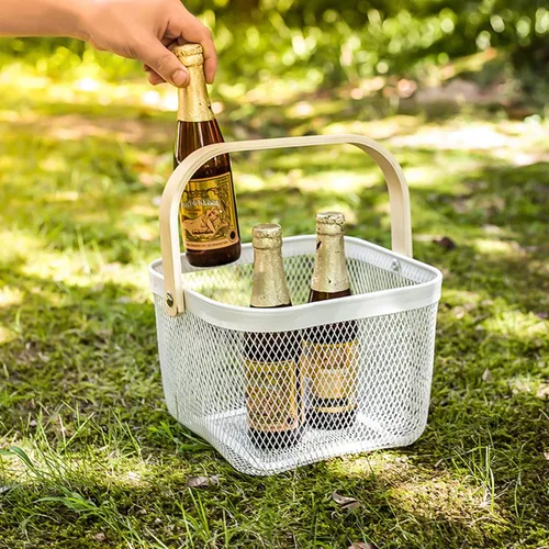 Vista 6 de Cesta organizadora de almacenamiento de acero de malla, cesta de frutas con mango de madera, ideal para cocina, baño, cestas de picnic, despensa