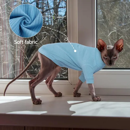 Vista 2 de PUMYPOREITY Ropa para Gatos: Camisa Elástica, Suéter con Mangas, Pijama de Forro Polar Suave para Gatos Sphynx, Devon Rex - Azul, XS
