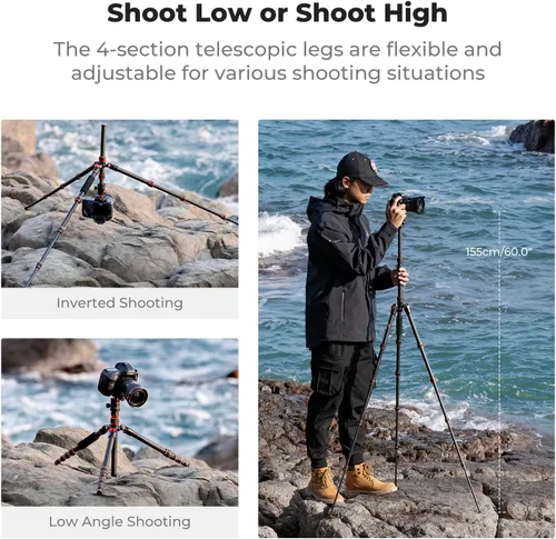 Vista 5 de K&F Concept Trípode de cámara de fibra de carbono de 60 pulgadas, trípode de viaje compacto súper ligero con cabeza de bola de 360 grados, placa