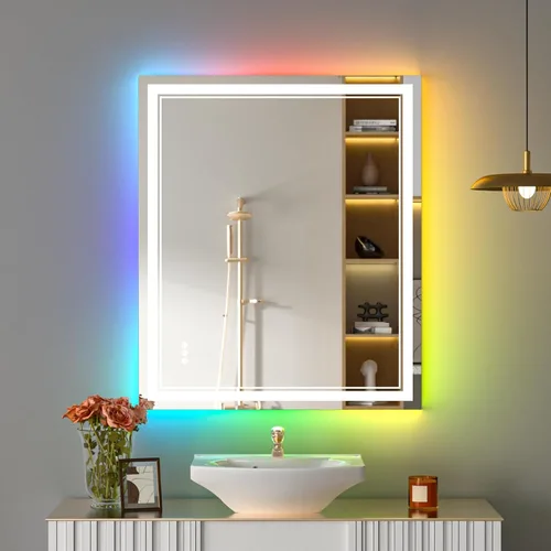 Vista 69 de Espejo de baño LED de 48 x 40 pulgadas con luces, retroiluminado y frontal iluminado para pared, espejo de tocador LED inastillable con memoria