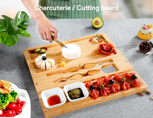 Vista 4 de Tablas de charcutería, tabla de queso Thereye con juego de cuchillos, juego de tablas de charcutería de bambú, regalos para mujeres, regalos