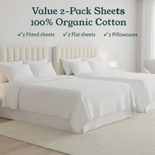 Vista 4 de California Design Den Juego de 2 sábanas individuales - 100% algodón orgánico, sensación de percal crujiente y transpirable, sábanas blancas