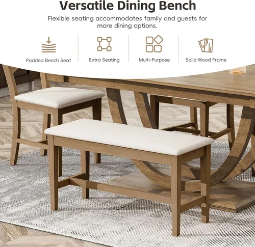 Vista 2 de Merax 6-Piece Farmhouse Dining Table Set, 59.1" Wooden Half Round Kitchen Table with 4 Dining Chairs & Long Bench, Kitchen & Dining Room Set for 6