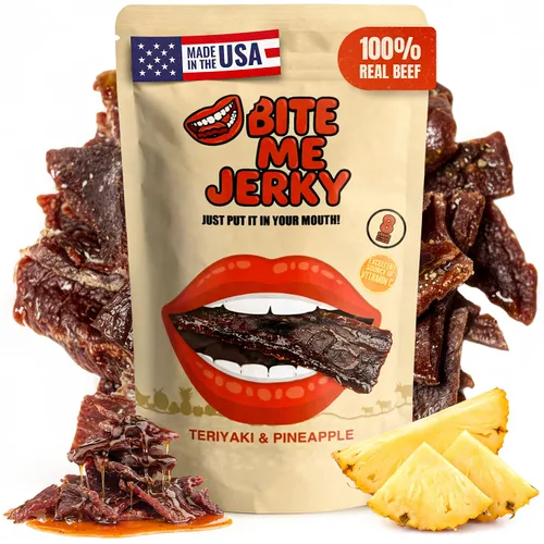 Bite Me Jerky Paquete de bocadillos de carne seca tierna con carnes de primera calidad y fruta real | Sabor audaz a teriyaki y piña | Alta proteína