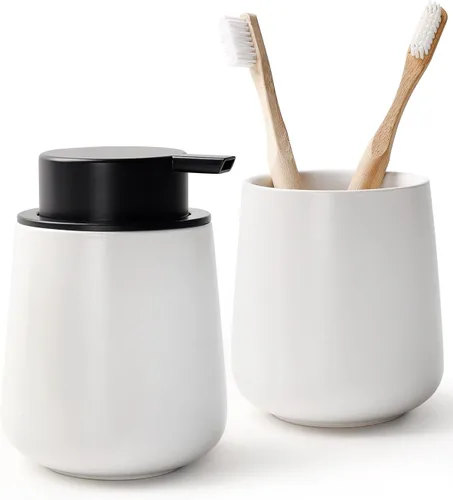 Bosilunlife Juego de soporte de jabón y cepillo de dientes, juego de accesorios de baño de cerámica, juego de dispensador de jabón de manos espumoso