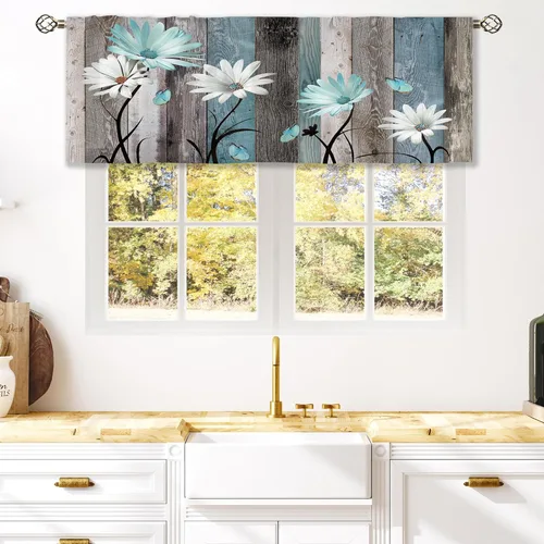 Vista 38 de Cortinas de cocina de granja de Laifzere, hojas rústicas verdes de eucalipto, cortinas cortas pequeñas para cafetería, cortinas de ventana de planta