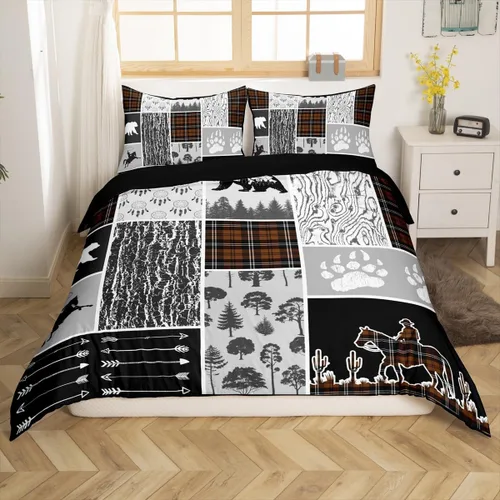 Vista 23 de Funda de edredón rústica tamaño Queen, juego de ropa de cama retro para cabaña de cabaña, oso de caza, ciervo, hojas de arce, funda de edredón