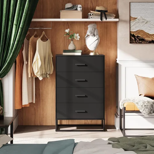 Vista 2 de WLIVE Cómoda negra para dormitorio con 4 cajones, cómoda alta con marco de metal resistente, cómoda de madera para armario, sala de estar, pasillo