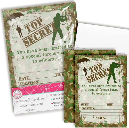 Vista 10 de AmandaCreation - Invitaciones para fiesta de cumpleaños con etiqueta láser de camuflaje, 20 tarjetas de relleno de 5 x 7 con veinte sobres blancos