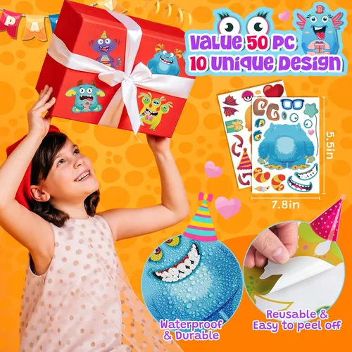 Vista 7 de Haz una cara, 50 hojas de calcomanías de bricolaje con temática de monstruos para niños, 10 estilos perfectos para cumpleaños, aula, idea de bolsa