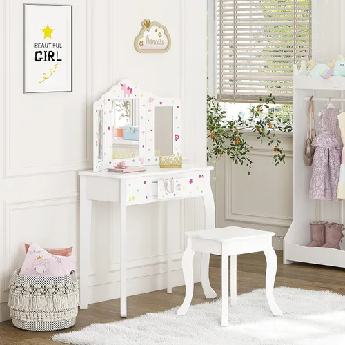 Vista 6 de UTEX Juego de tocador y silla para niños con espejo, tocador de maquillaje con cajón, color blanco