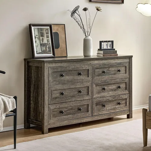 Vista 10 de VanAcc Cómoda de 5 cajones para dormitorio, cómoda de madera de granja de 47 pulgadas de alto para armario, cómoda de textura natural para Roble