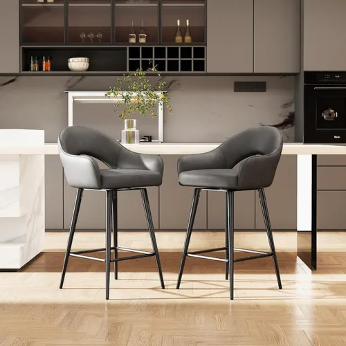 Vista 32 de DUOMAY Juego de 2 taburetes de bar giratorios, modernos taburetes de altura de mostrador de 26 pulgadas, silla de isla de cocina tapizada de Blanco