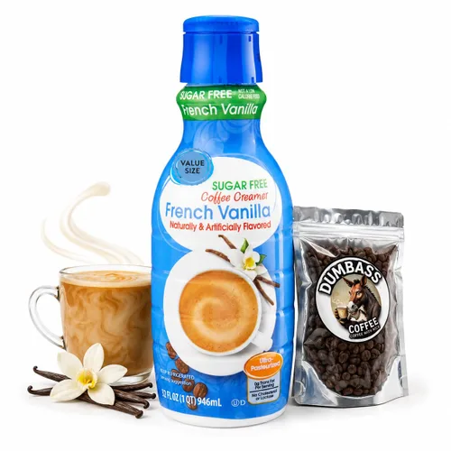 Crema de café de vainilla francesa sin azúcar, botella de 32 onzas líquidas, crema de café líquida dulce y cremosa con café D.A. Coffee Bean entero