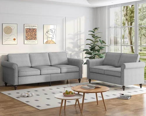 Vista 9 de Mjkone Juego de 2 Piezas para Sala de Estar, Sofás Seccionales, Juego de Sofá y Silla, Sofá Moderno de Lino con Marco de Madera y Patas