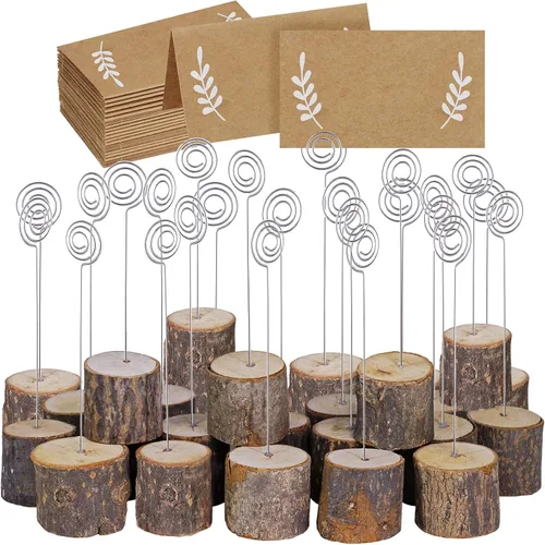 30 unidades de soportes de madera rústica para tarjetas de lugar con alambre de remolino, soporte de madera con corteza para notas de memo, soporte