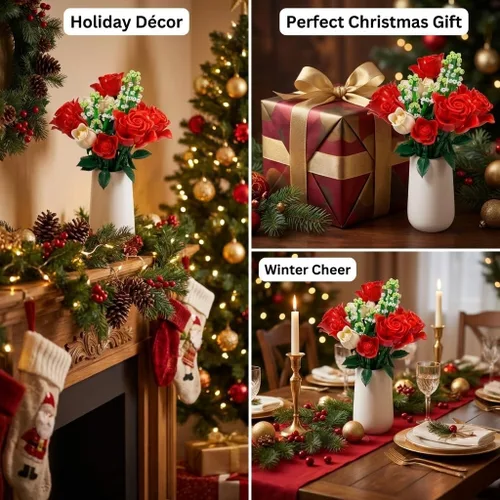 Vista 7 de WISEPLAY Juego de construcción de ramo de rosas – 697 piezas para mujeres, bloques de construcción de flores de rosas rojas y blancas, creativo