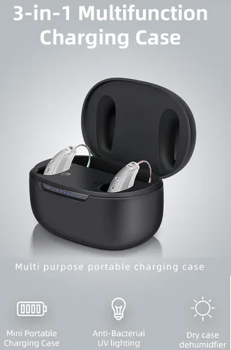 Vista 4 de Amplificador auditivo recargable, funda de recarga, conexión Bluetooth con cualquier dispositivo, procesamiento de sonido digital multicanal, sin