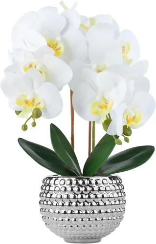 Vista 7 de Orquídeas artificiales grandes, orquídeas artificiales blancas de 17 pulgadas con maceta dorada para decoración de sala de estar, planta de orquídea