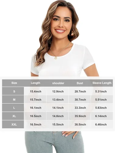 Vista 7 de Paquete de 4 camisetas cortas básicas ajustadas de manga corta para mujer, lindas camisetas cortas de moda con cuello redondo para mujeres