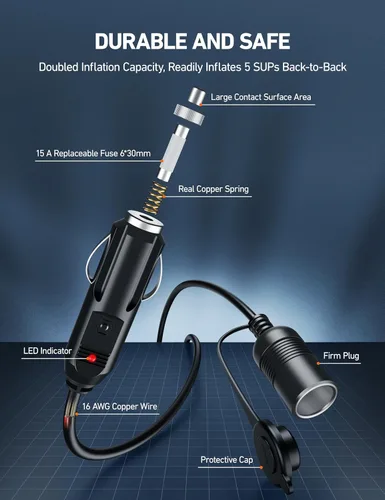 Vista 6 de AstroAI Paquete de inflador de neumáticos de compresor de aire y cable de extensión para encendedor de cigarrillos