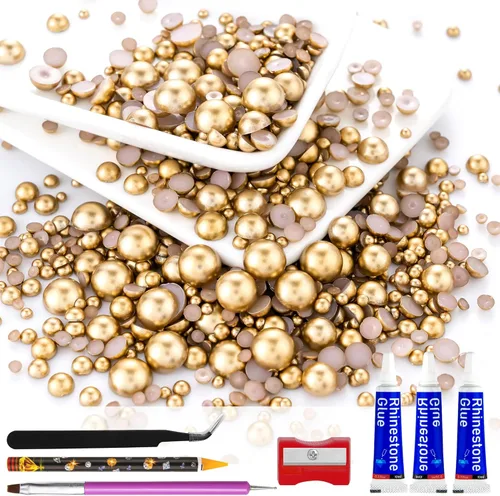 Perlas semicirculares redondas de oro antiguo de 2.12 oz, tamaño mixto de 0.118-0.394 in de resina para arte de uñas, gemas faciales, fabricación de