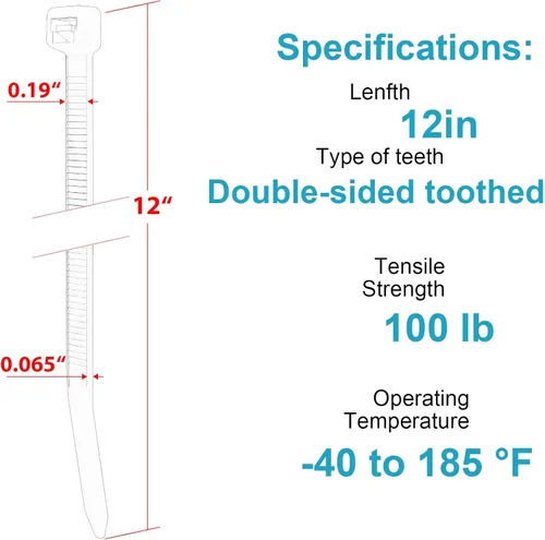 Vista 2 de Bridas de cremallera de 12 pulgadas de doble cara dentadas, resistencia a la tracción de 100 LBS, bridas para cables resistentes con autobloqueo