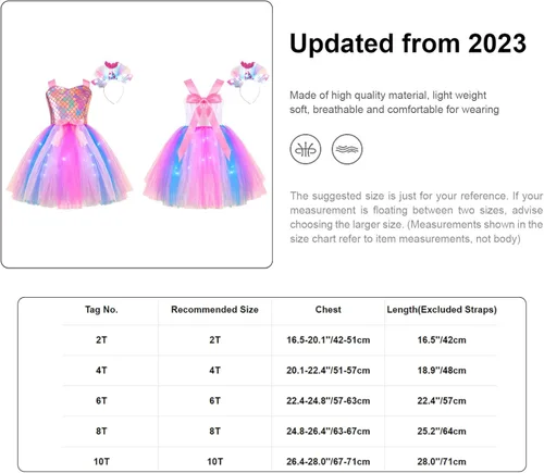 Vista 7 de YiZYiF Disfraz de sirena para niñas, vestido tutú de princesa de sirena con luz LED de colores con diadema