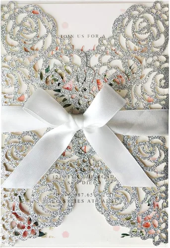 Vista 10 de 50 tarjetas de invitación de boda doradas de 5.12 x 7.28 pulgadas con lazo burdeos cortado con láser, invitación para despedida de soltera