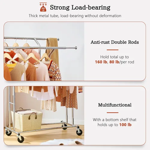 Vista 5 de Tajsoon Perchero resistente con estante y ganchos, doble barra de ropa con ruedas con cerradura, percheros plegables para colgar ropa, perchero