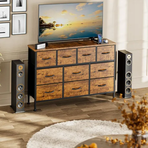 Vista 7 de Mueble de TV con toma de corriente, cómoda de 43 pulgadas de largo para dormitorio con 10 cajones de tela, cómoda para sala de estar, pasillo