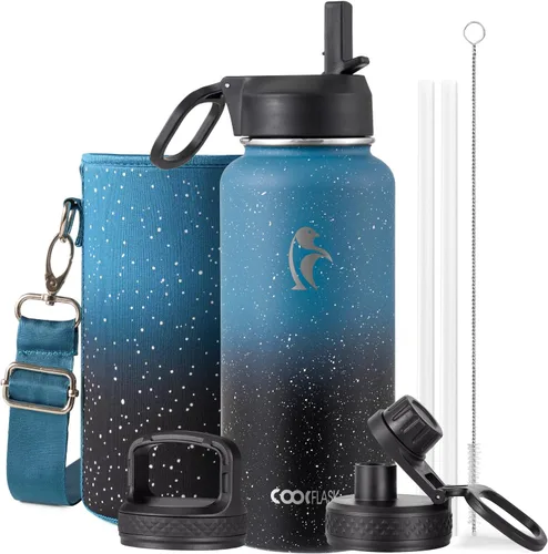 Vista 12 de Coolflask Botella de agua de 24 onzas aislada con pajilla, 3 tapas de metal de acero inoxidable, botella de agua de boca ancha para deportes u