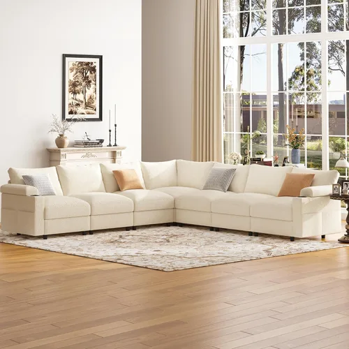 Vista 4 de Sofás seccionales para sala de estar, sofá modular de terciopelo certificado FSC, de gran tamaño, en forma de nube, sofá convertible en forma de U