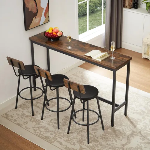Vista 2 de Long Bar Table Set with 3 PU Upholstered Bar Stools, Bar Table and Chairs for Kitchen Breakfast Table, Living Room, Banquet Hall, Rustic Brown and