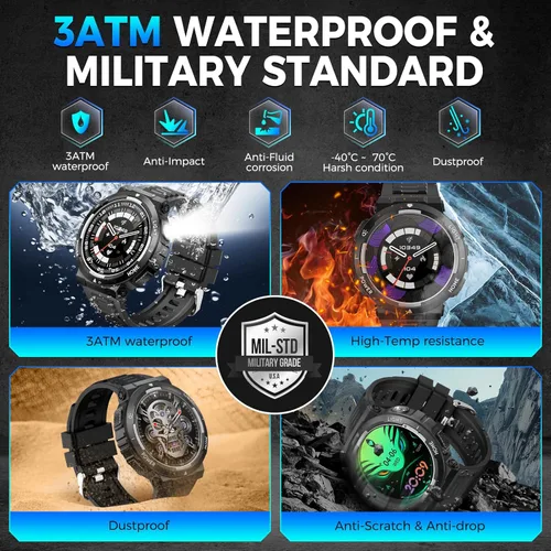 Vista 2 de Reloj inteligente militar para hombre (respuesta/hacer llamadas), reloj inteligente resistente con linterna LED, resistente al agua de 3 ATM