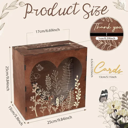 Vista 3 de OurWarm Caja de tarjetas de boda marrón para recepción con ventana acrílica de corazón, caja de regalo de madera para boda con patrón de flores