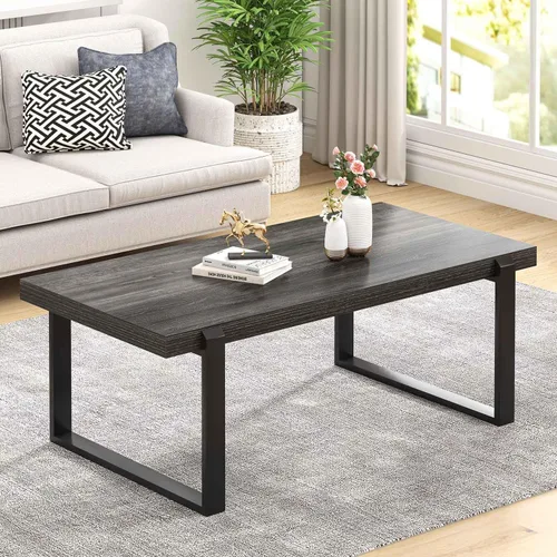 Vista 17 de FOLUBAN Mesa de café negra, mesa central moderna de madera y metal industrial, mesa rectangular de cóctel y té para sala de estar, 47 pulgadas