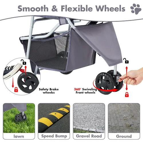 Vista 5 de DUMOS Cochecito para mascotas de 3 ruedas para perros y gatos pequeños – Cochecito plegable para perros con ventanas de malla, cesta