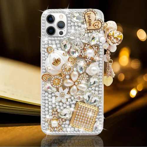 Guppy Funda para iPhone 11 Pro Max para mujer de lujo 3D Bling brillante diamantes de imitación perla de cristal hecho a mano colgante de torre de