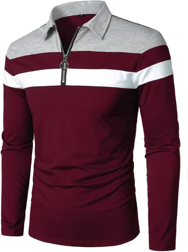 Vista 2 de YTD Polo de manga larga para hombre con cremallera de un cuarto casual ajustado cuello de solapa camisas de algodón de diseño básico