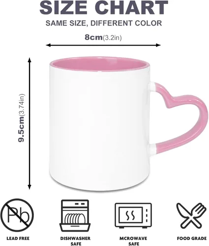 Vista 2 de Sumex Juego de 12 tazas de café de cerámica en blanco de sublimación de 11 onzas con mango de corazón para té, leche, leche, cacao caliente, Rosa