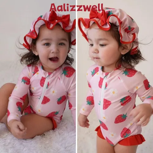 Vista 3 de Aalizzwell Traje de baño de una pieza de manga larga con sombrero para bebé niña