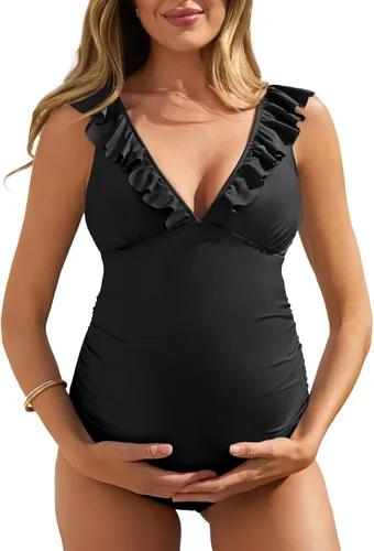 Summer Mae Traje de baño de maternidad con volantes de una pieza con cuello en V traje de baño de embarazo con cordones push up monokini