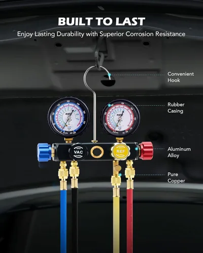 Vista 7 de Orion Motor Tech juego de manómetros de CA de 4 vías para refrigerante R410a R22 R134a, colector de CA automotriz de 4 válvulas con mangueras de 1.5