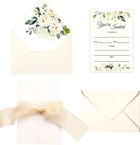 DORIS HOME 25 tarjetas de invitación para despedida de soltera, baby shower, boda, ensayo (25 unidades de relleno de flores color crema)
