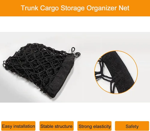 Vista 6 de QODOLSI 1 red de equipaje para maletero de automóvil, 3.6 pies x 1.3 pies, red elástica ajustable de almacenamiento de carga para camión