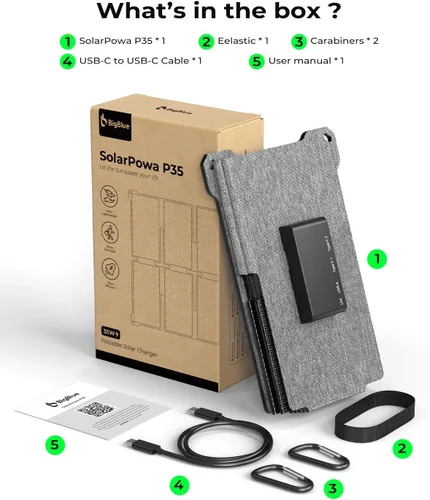 Vista 8 de Cargador de panel solar portátil BigBlue de 35W con carga rápida USB-A y USB-C PD de 25W para acampar, mochila, 0.7 kg, resistente al agua IP68